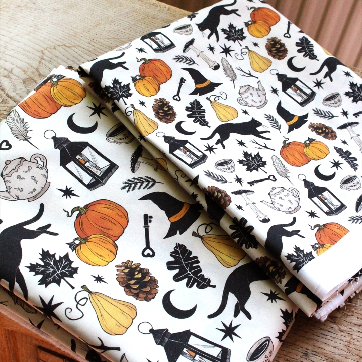 Tissu illustré "Autumn Witch"  – popeline, velours & French terry – motif sorcière, automnal