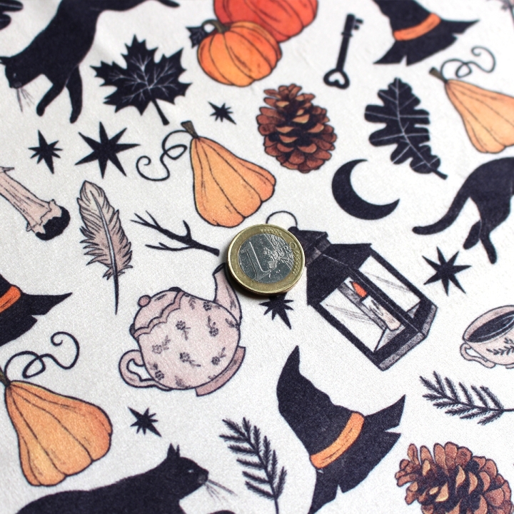 Tissu illustré "Autumn Witch"  – popeline, velours & French terry – motif sorcière, automnal