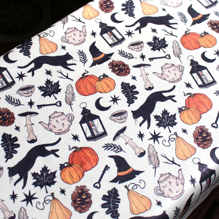 Tissu illustré "Autumn Witch"  – popeline, velours & French terry – motif sorcière, automnal