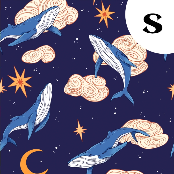 Coupon de tissu illustré "Baleines" 48x48 cm – Popeline & French Terry – motif onirique