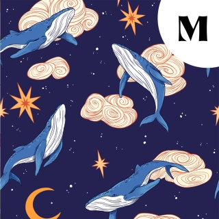 Coupon de tissu illustré "Baleines" 48x48 cm – Popeline & French Terry – motif onirique