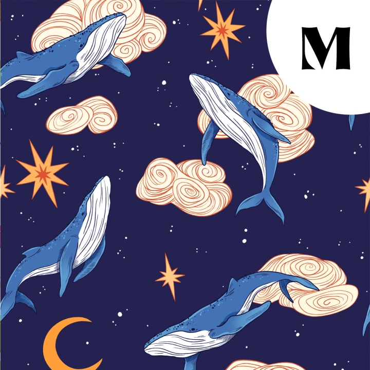 Coupon de tissu illustré "Baleines" 48x48 cm – Popeline & French Terry – motif onirique