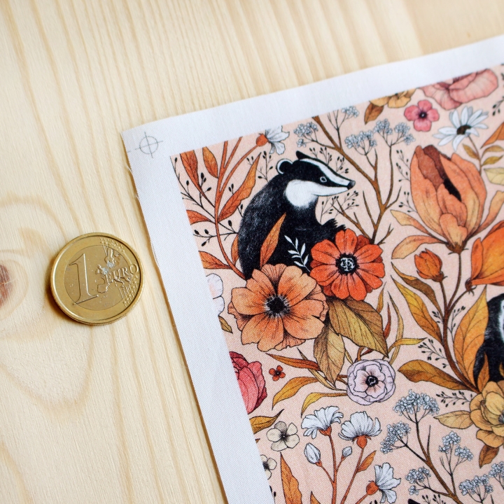 Coupon de tissu illustré "Blaireaux" 48x48 cm – Popeline & French Terry – motif poétique