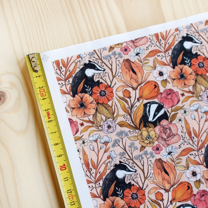 Coupon de tissu illustré "Blaireaux" 48x48 cm – Popeline & French Terry – motif poétique