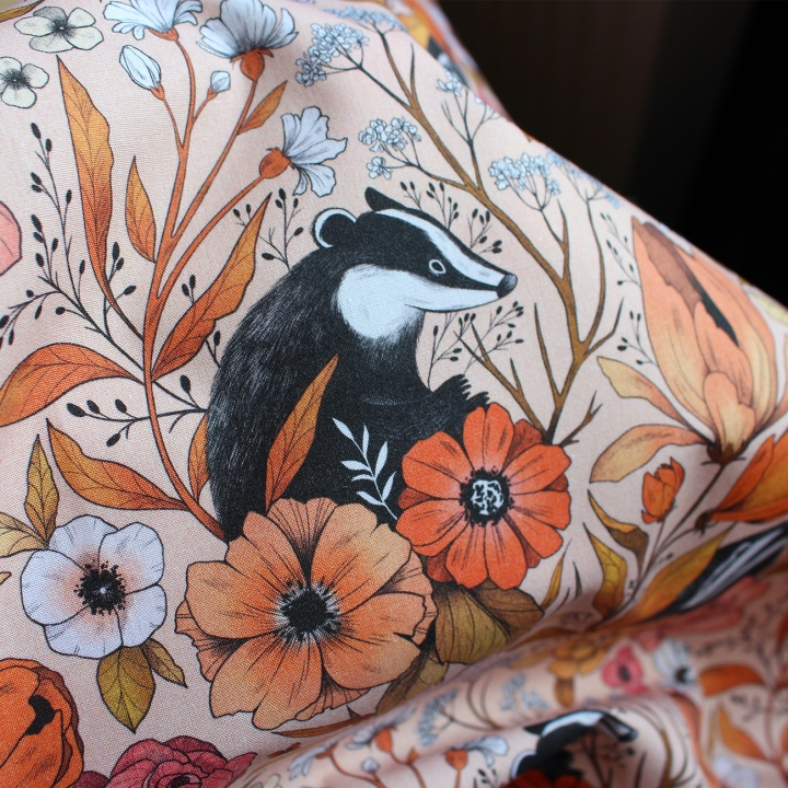 Coupon de tissu illustré "Blaireaux" 48x48 cm – Popeline & French Terry – motif poétique