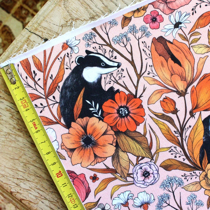 Coupon de tissu illustré "Blaireaux" 48x48 cm – Popeline & French Terry – motif poétique