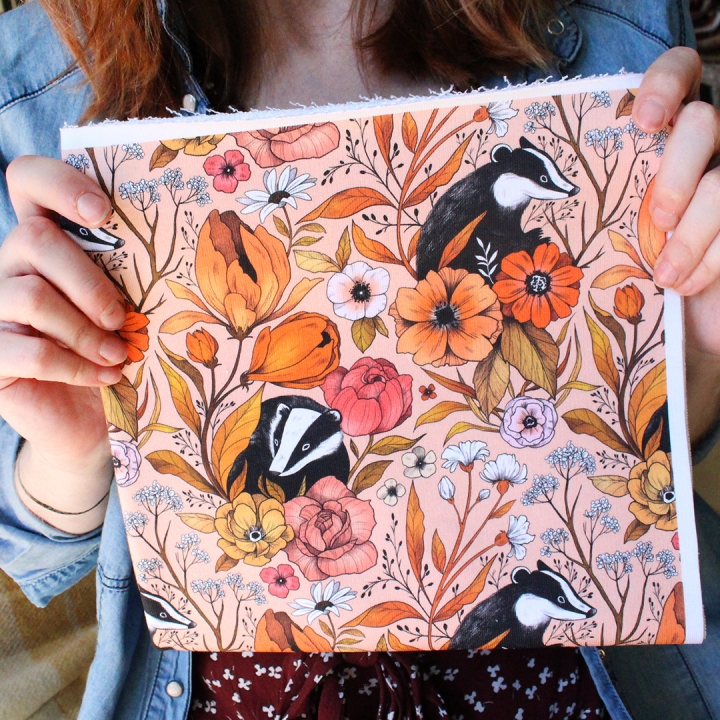 Coupon de tissu illustré "Blaireaux" 48x48 cm – Popeline & French Terry – motif poétique