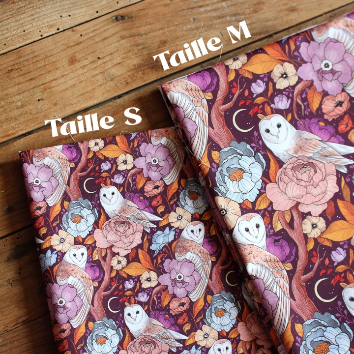 Tissu illustré "Chouettes effraies" – popeline, velours & French terry – motif mystique, sorcière, magique