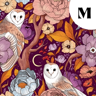 Tissu illustré "Chouettes effraies" – popeline, velours & French terry – motif mystique, sorcière, magique