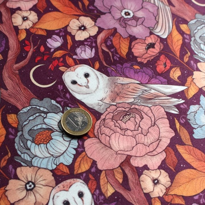 Tissu illustré "Chouettes effraies" – popeline, velours & French terry – motif mystique, sorcière, magique