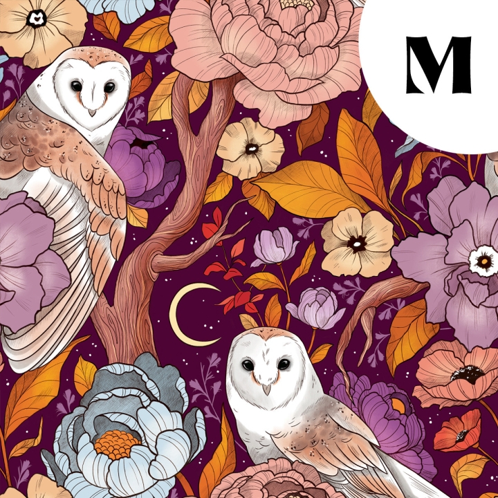 Tissu illustré "Chouettes effraies" – popeline, velours & French terry – motif mystique, sorcière, magique