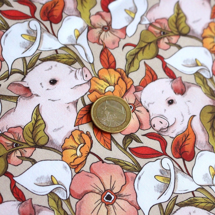 Coupon de tissu illustré "Cochons" 48x48 cm – Popeline & French Terry – motif poétique
