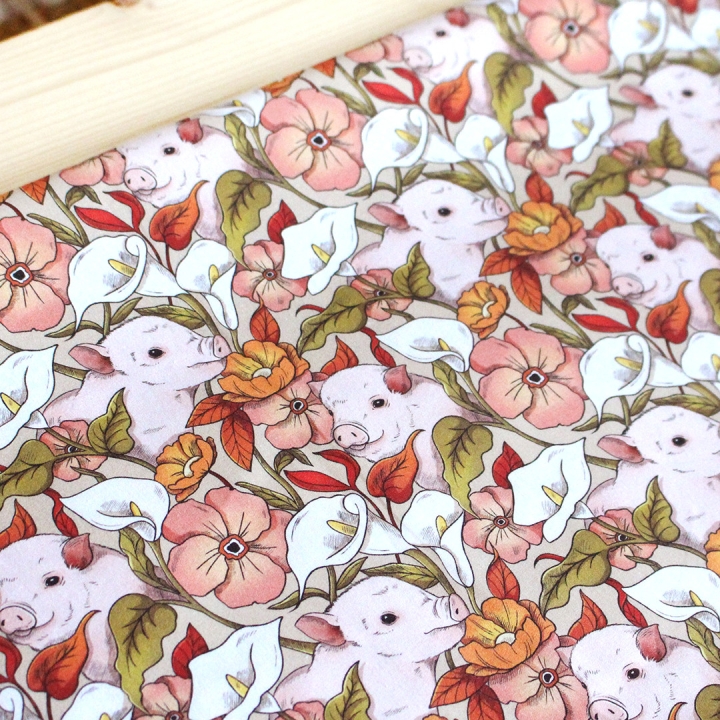 Coupon de tissu illustré "Cochons" 48x48 cm – Popeline & French Terry – motif poétique