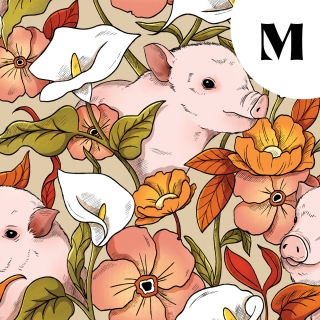 Coupon de tissu illustré "Cochons" 48x48 cm – Popeline & French Terry – motif poétique