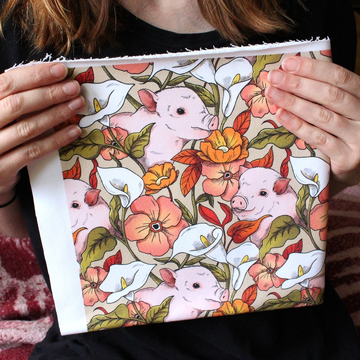 Coupon de tissu illustré "Cochons" 48x48 cm – Popeline & French Terry – motif poétique