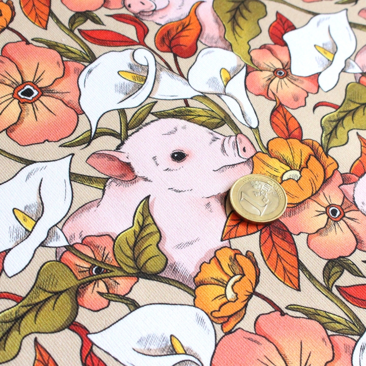 Coupon de tissu illustré "Cochons" 48x48 cm – Popeline & French Terry – motif poétique