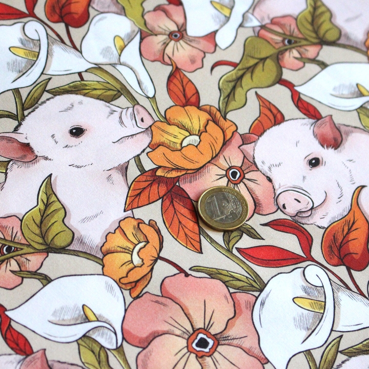 Tissu illustré "Cochons" – popeline, velours & French terry – motif poétique