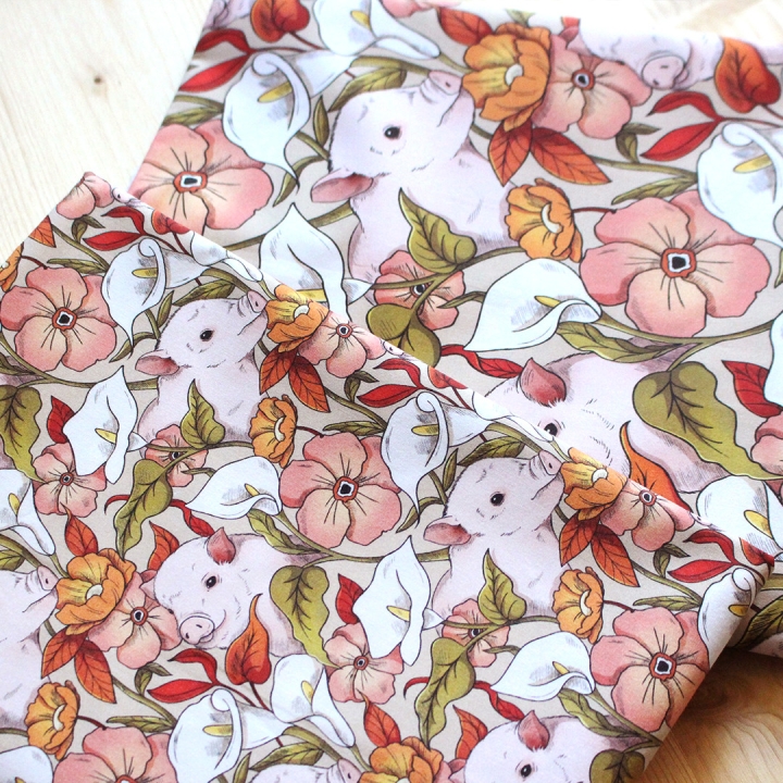 Tissu illustré "Cochons" – popeline, velours & French terry – motif poétique