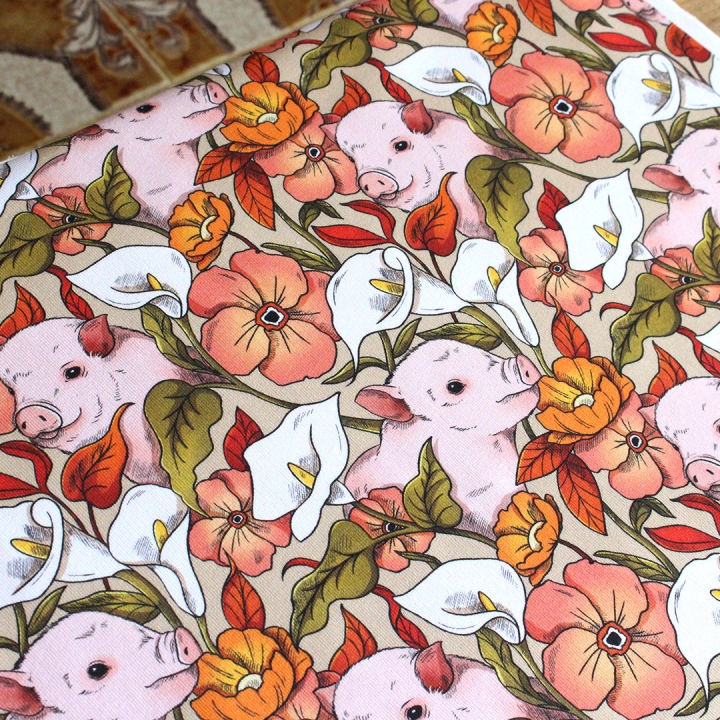 Tissu illustré "Cochons" – popeline, velours & French terry – motif poétique