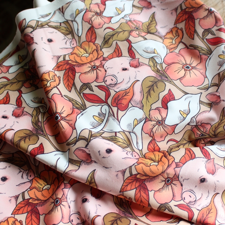 Tissu illustré "Cochons" – popeline, velours & French terry – motif poétique