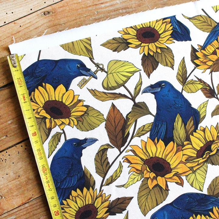 Coupon de tissu illustré "Corbeaux & Tournesols" 48x48 cm – Popeline & French Terry