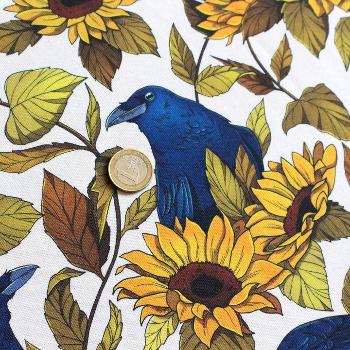 Coupon de tissu illustré "Corbeaux & Tournesols" 48x48 cm – Popeline & French Terry