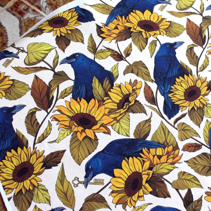 Coupon de tissu illustré "Corbeaux & Tournesols" 48x48 cm – Popeline & French Terry