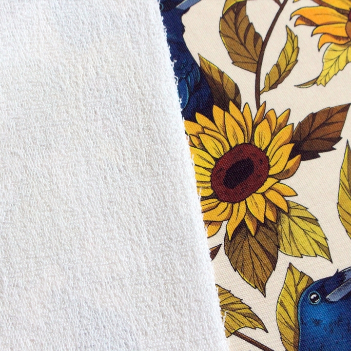 Coupon de tissu illustré "Corbeaux & Tournesols" 48x48 cm – Popeline & French Terry