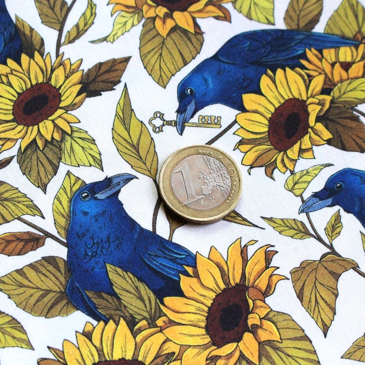 Tissu illustré "Corbeaux & tournesols" – popeline, velours & French terry