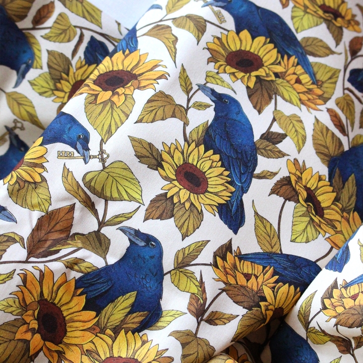 Tissu illustré "Corbeaux & tournesols" – popeline, velours & French terry