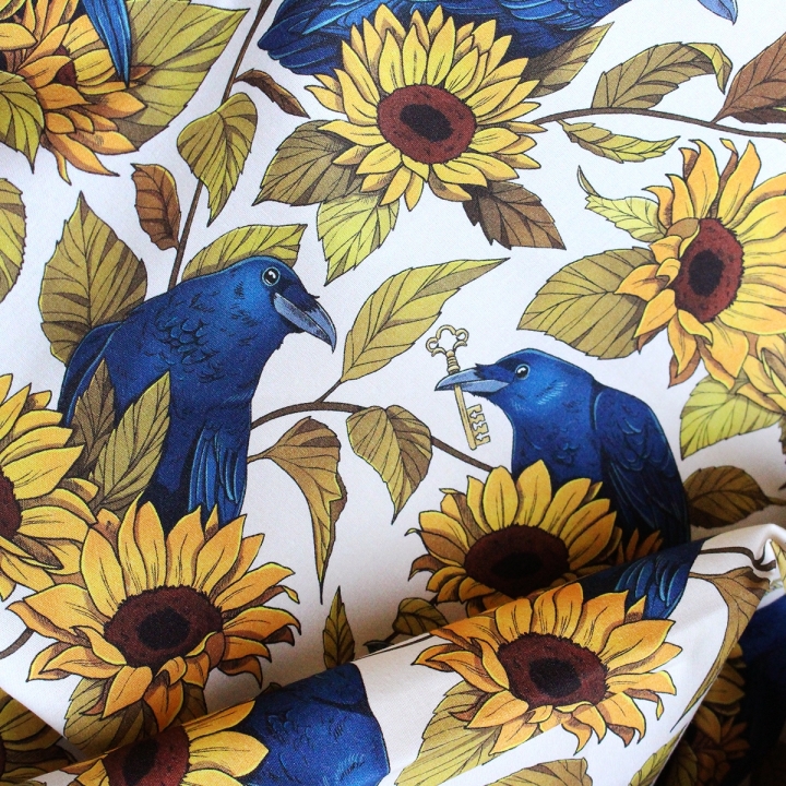 Tissu illustré "Corbeaux & tournesols" – popeline, velours & French terry