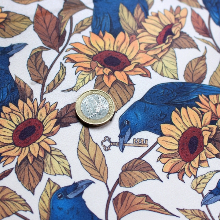 Tissu illustré "Corbeaux & tournesols" – popeline, velours & French terry