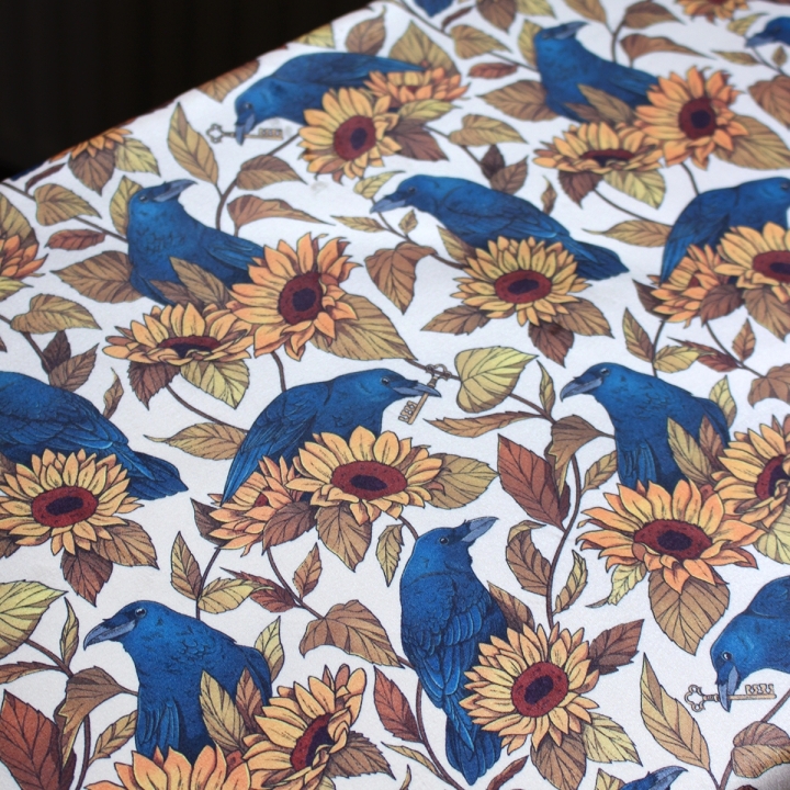 Tissu illustré "Corbeaux & tournesols" – popeline, velours & French terry