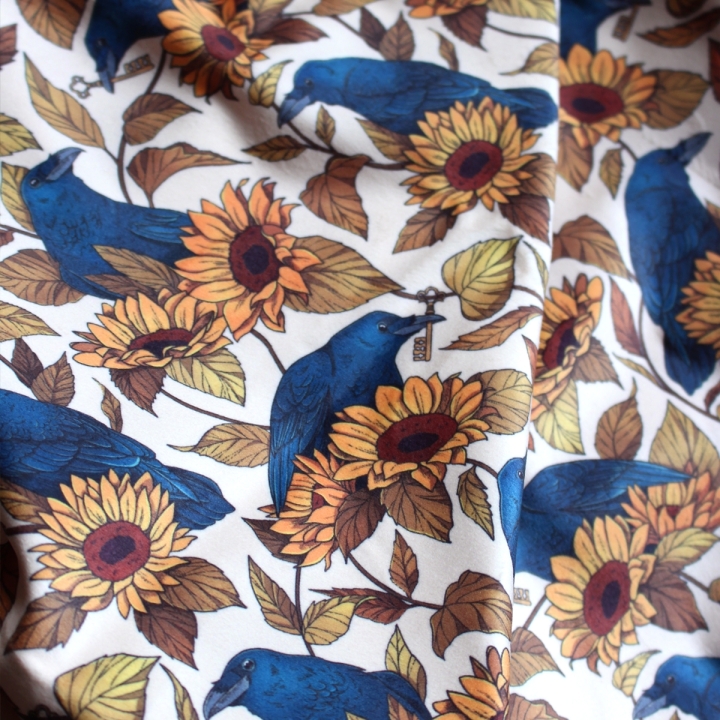 Tissu illustré "Corbeaux & tournesols" – popeline, velours & French terry