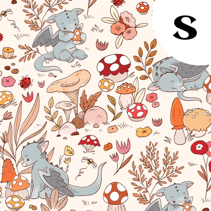 Coupon de tissu illustré "Dragons & champignons" 48x48 cm – Popeline & French Terry – motif enfantin