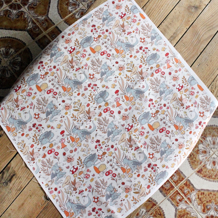 Coupon de tissu illustré "Dragons & champignons" 48x48 cm – Popeline & French Terry – motif enfantin