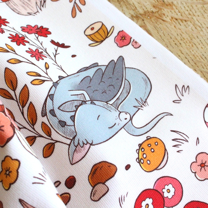 Tissu illustré "Dragons et champignons" – popeline, velours & French terry – motif enfantin