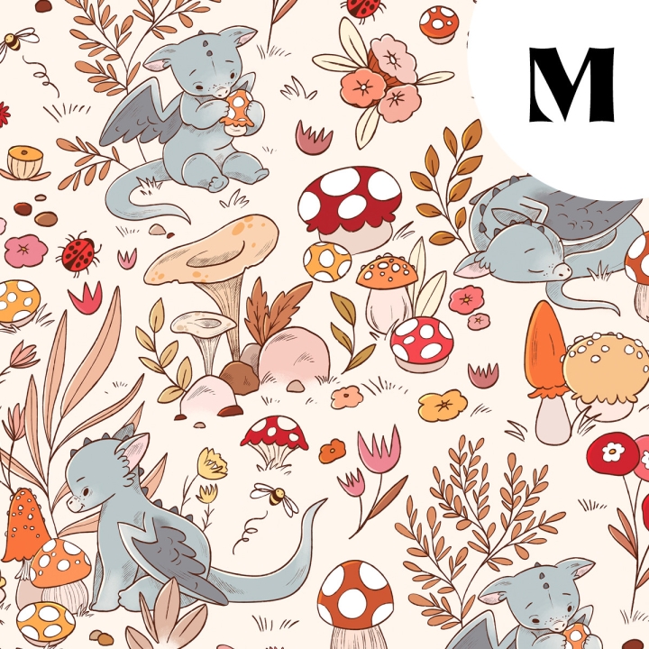 Tissu illustré "Dragons et champignons" – popeline, velours & French terry – motif enfantin