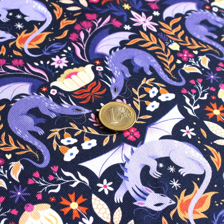 Tissu illustré "Dragons colorés" – popeline, velours & French terry – motif fantasy