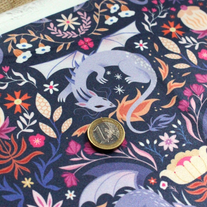 Tissu illustré "Dragons colorés" – popeline, velours & French terry – motif fantasy