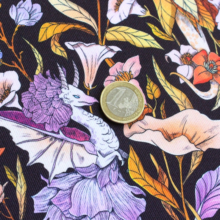 Tissu illustré "Dragons féériques" – popeline, velours & French terry – motif féérique, fantasy