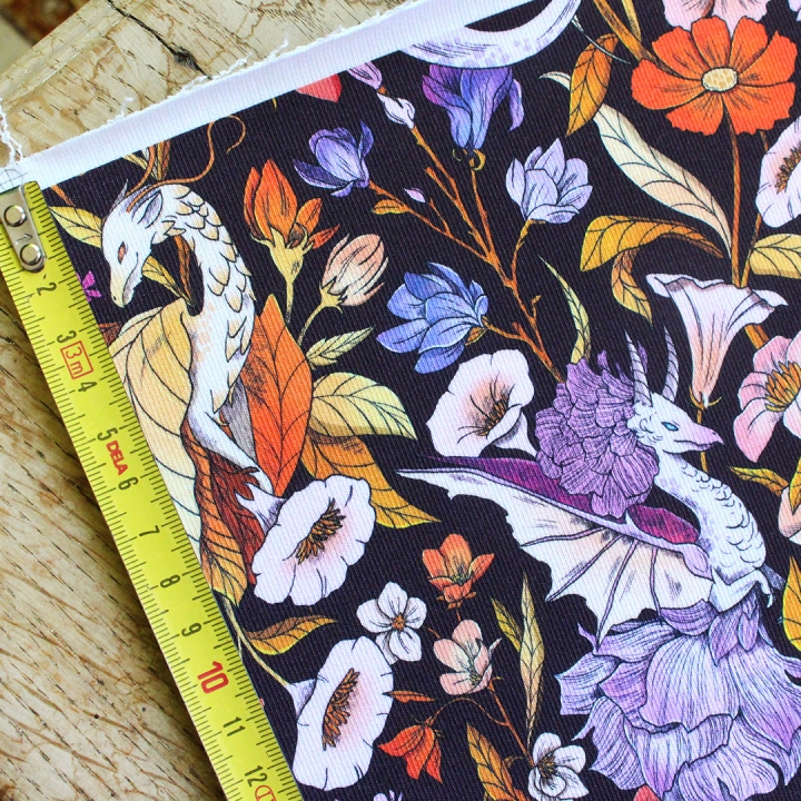 Tissu illustré "Dragons féériques" – popeline, velours & French terry – motif féérique, fantasy