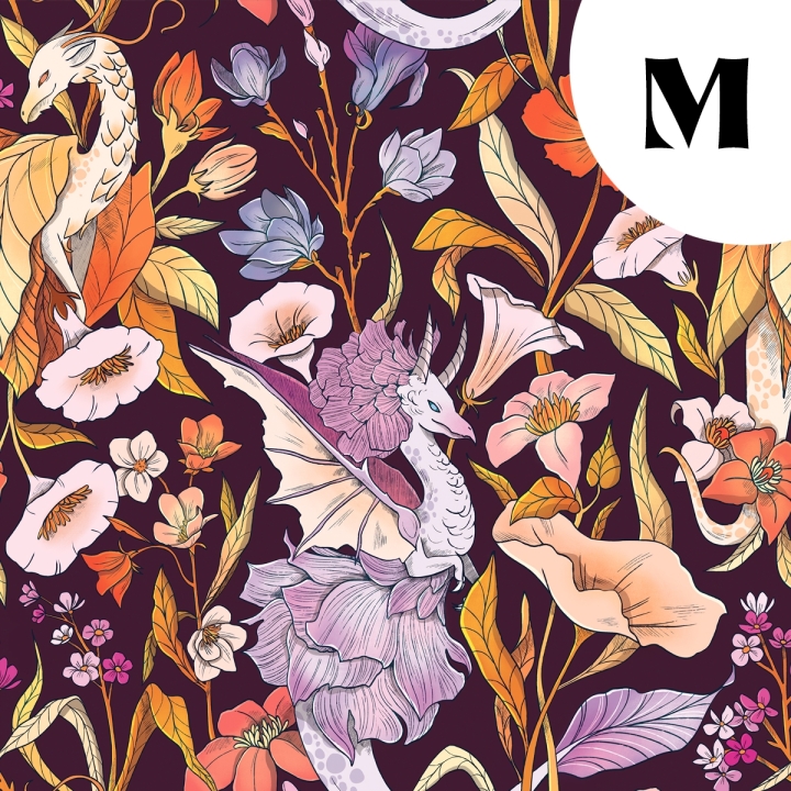 Tissu illustré "Dragons féériques" – popeline, velours & French terry – motif féérique, fantasy