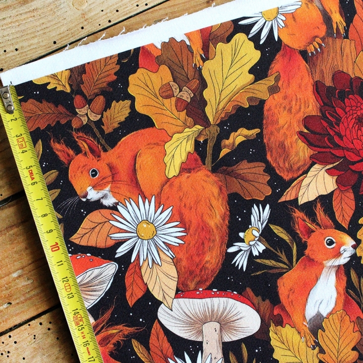 Coupon de tissu illustré "Écureuils d'automne" 48x48 cm – Popeline & French Terry – motif automnale