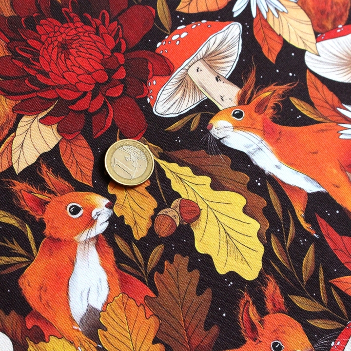 Coupon de tissu illustré "Écureuils d'automne" 48x48 cm – Popeline & French Terry – motif automnale