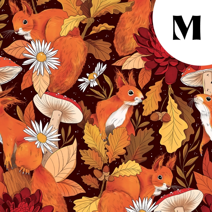 Coupon de tissu illustré "Écureuils d'automne" 48x48 cm – Popeline & French Terry – motif automnale