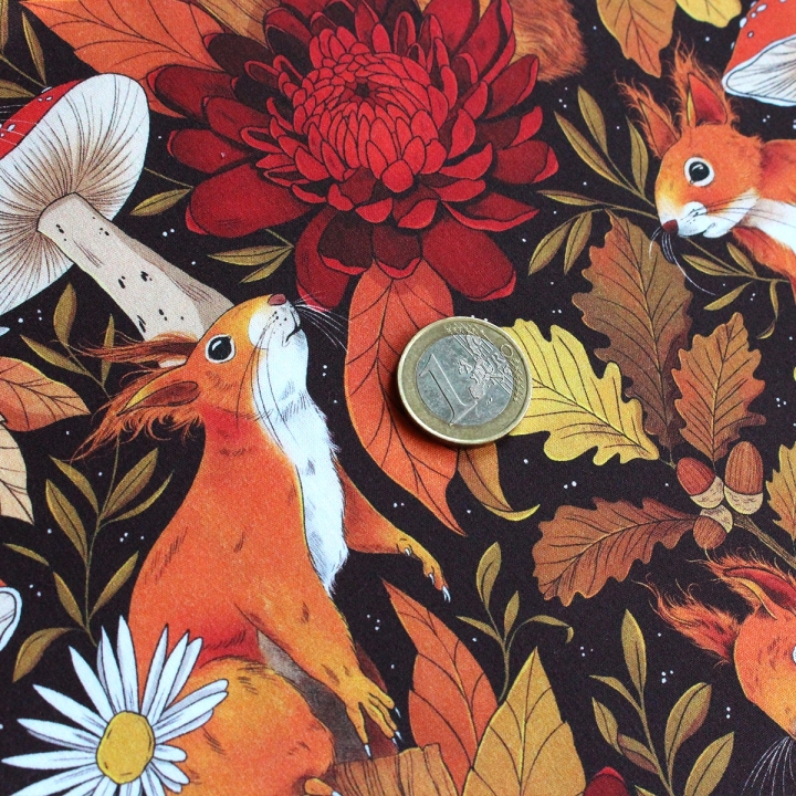 Tissu illustré "Écureuils d’automne" – popeline, velours & French terry - motif automnal