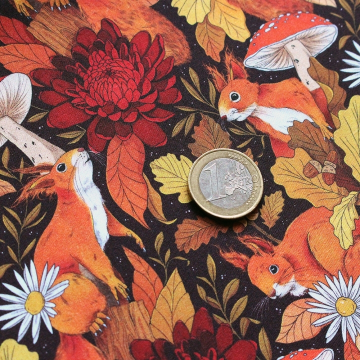 Tissu illustré "Écureuils d’automne" – popeline, velours & French terry - motif automnal