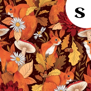 Tissu illustré "Écureuils d’automne" – popeline, velours & French terry - motif automnal