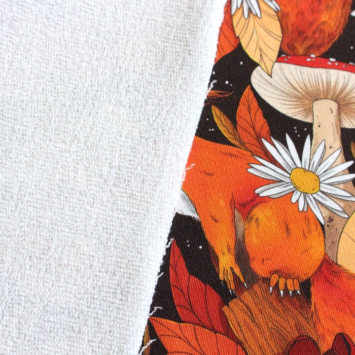 Tissu illustré "Écureuils d’automne" – popeline, velours & French terry - motif automnal